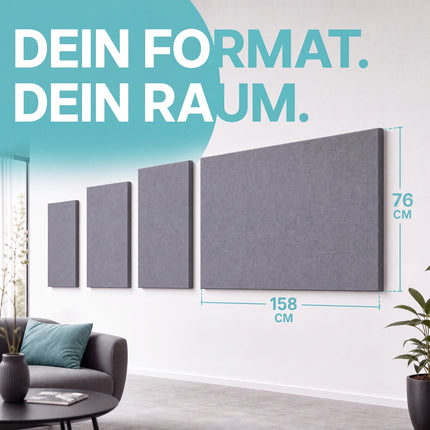 Schallabsorber im Wunschformat an einer Wohnzimmerwand – mehrere graue Akustikpaneele in verschiedenen Größen bis 158 x 76 cm