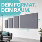 Schallabsorber im Wunschformat an einer Wohnzimmerwand – mehrere graue Akustikpaneele in verschiedenen Größen bis 150 x 60 cm